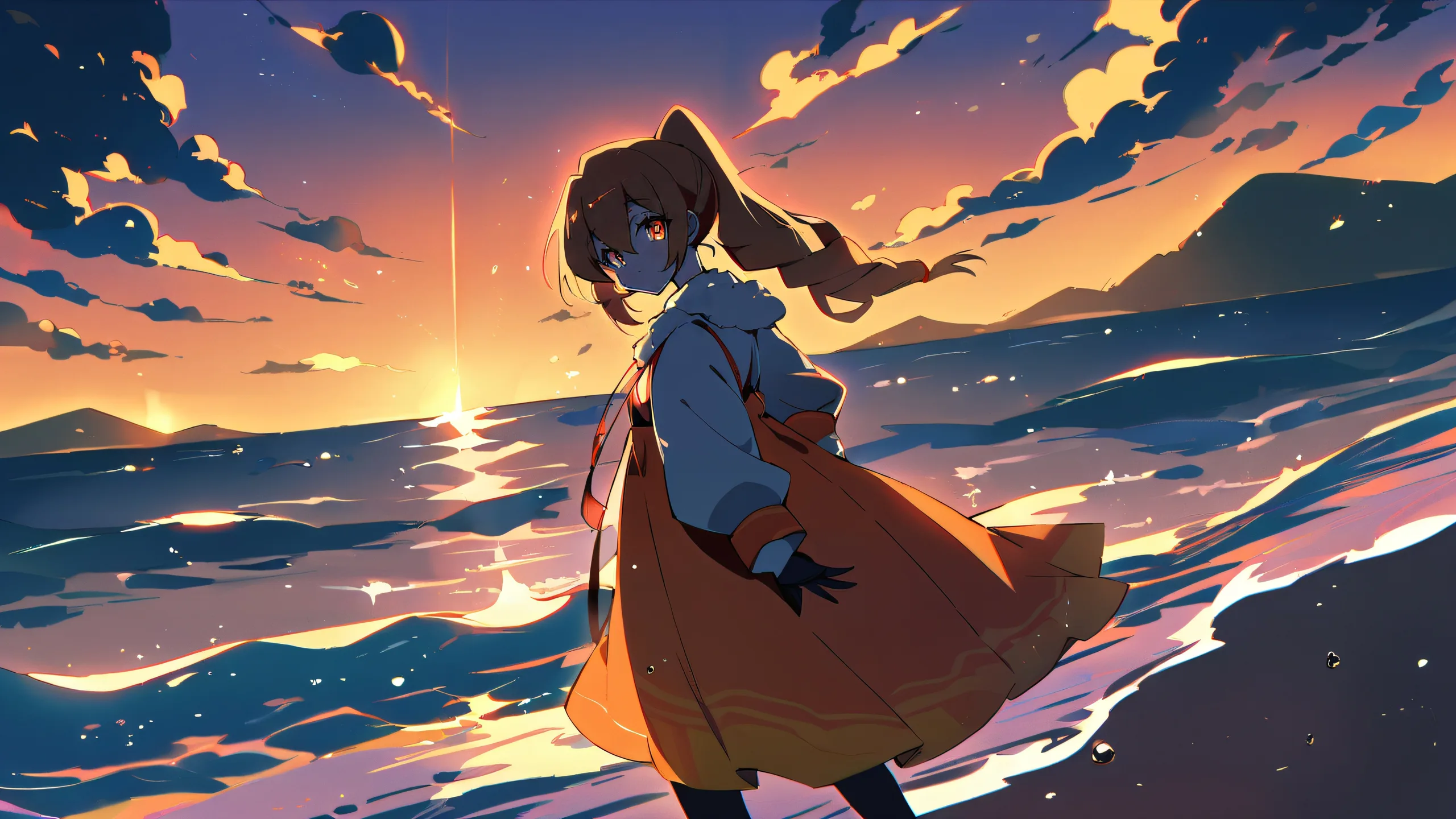 A serene anime girl, Nicole Demara, gazes out at the viewer from a picturesque oceanfront scene at sunset, with a vast pure void and extreme depth of field, suitable for Desktop/PC.