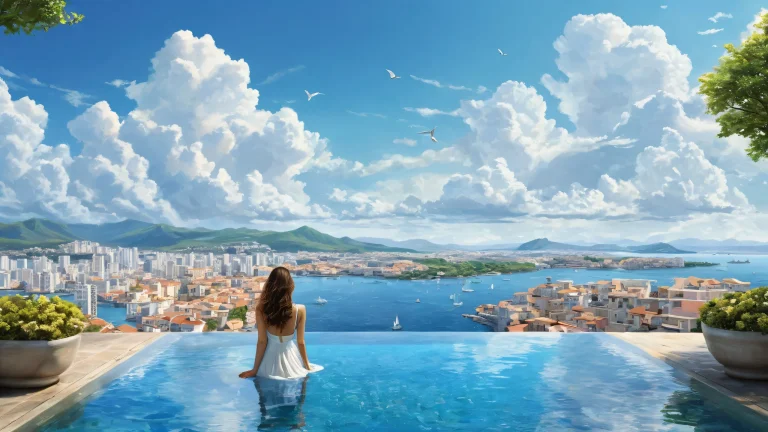 A serene desktop image featuring a vast pure void with clouds and cityscape rooftops in the distance, set against an underwater scenery, perfect for your PC or Desktop.