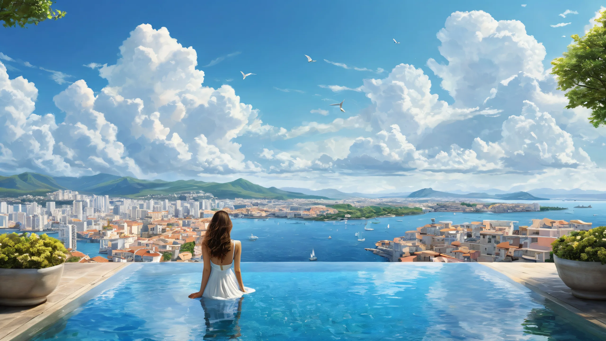 A serene desktop image featuring a vast pure void with clouds and cityscape rooftops in the distance, set against an underwater scenery, perfect for your PC or Desktop.