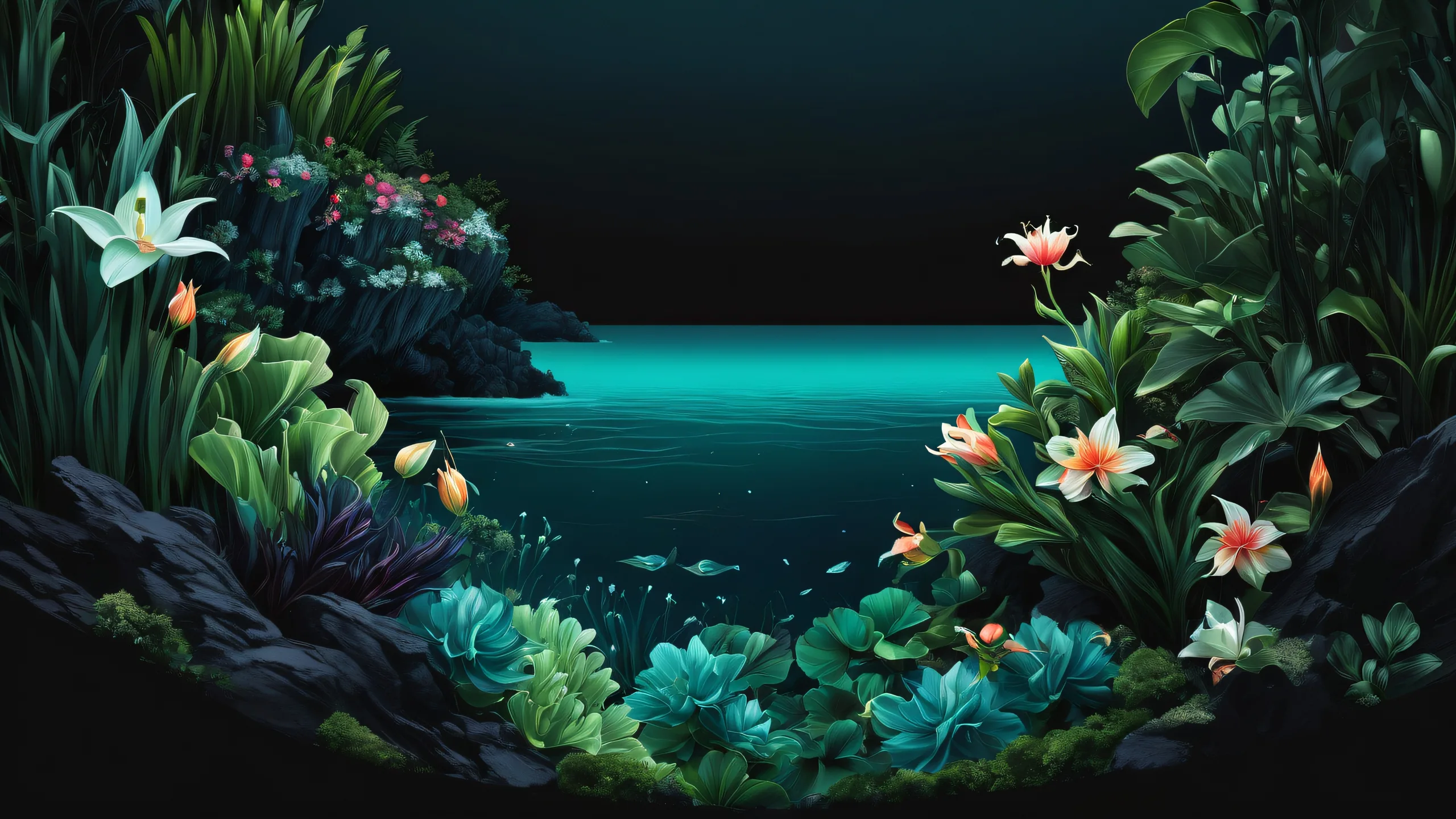 A stunning floral oceanic scene for desktop or PC, perfect for those who love the dark mode aesthetic.