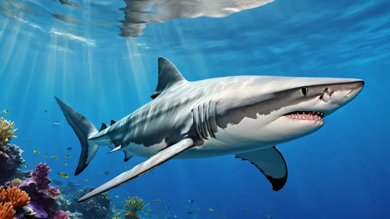 A stunning desktop wallpaper of a shark in a vast, pure void, suitable for desktop/pc use.