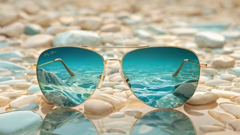 Detailed stone texture desktop wallpaper with ocean reflection in glasses and ethereal lighting for a bright and airy effect, PCまたはデスクトップに適しています.
