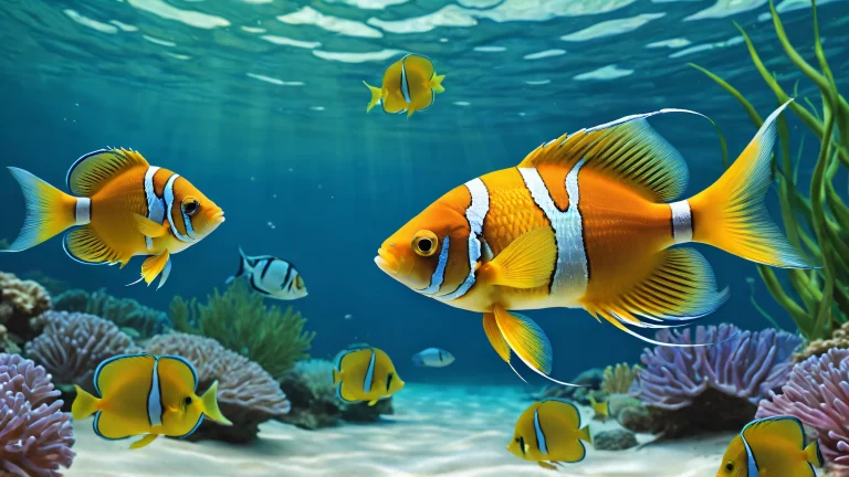 A serene desktop image of fish swimming in a vast, pure void with extreme depth of field on a Desktop/PC.