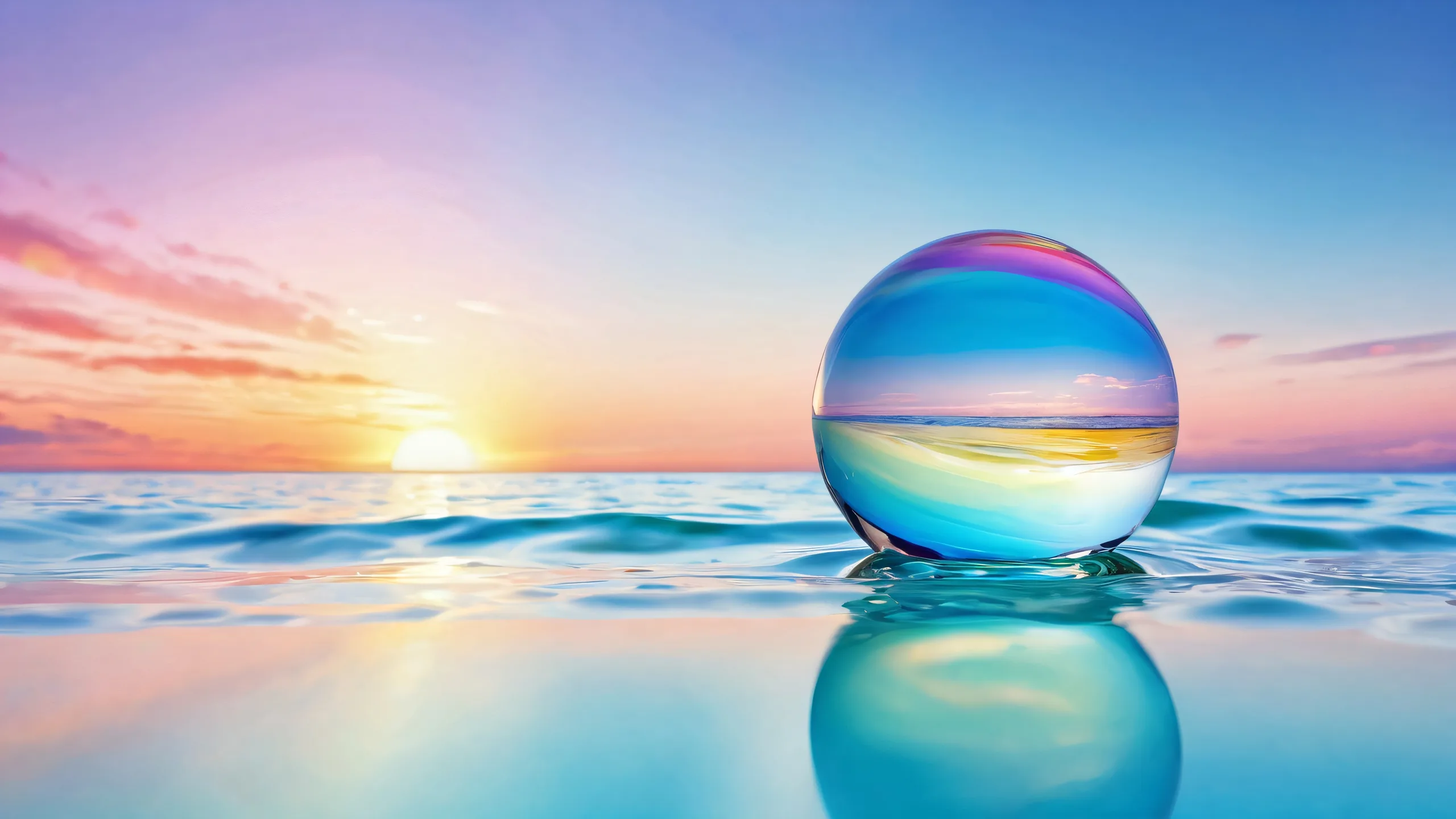 A breathtaking desktop wallpaper of a glass marble floating in a vast pure void, surrounded by calm ocean water, perfect for your Desktop/PC.