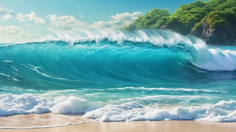 Ethereal desktop scenery featuring ocean waves and springtime foliage on a bright and airy background, suitable for Desktop/PC.