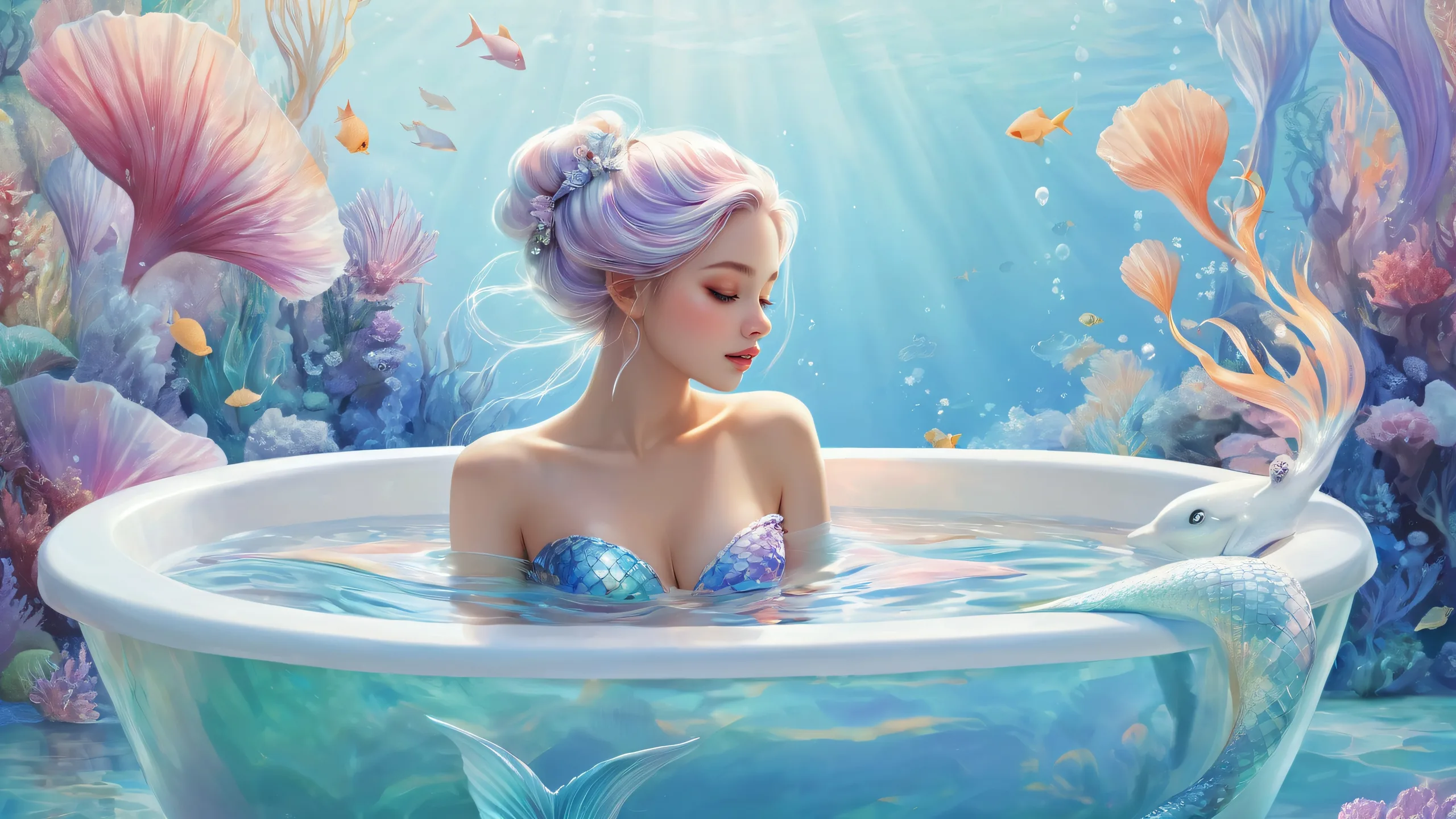 Ultra HD Ethereal Oceanic Oasis Wallpaper A serene and breathtaking Mermaid desktop image on a clean void, perfect for your Desktop/PC.