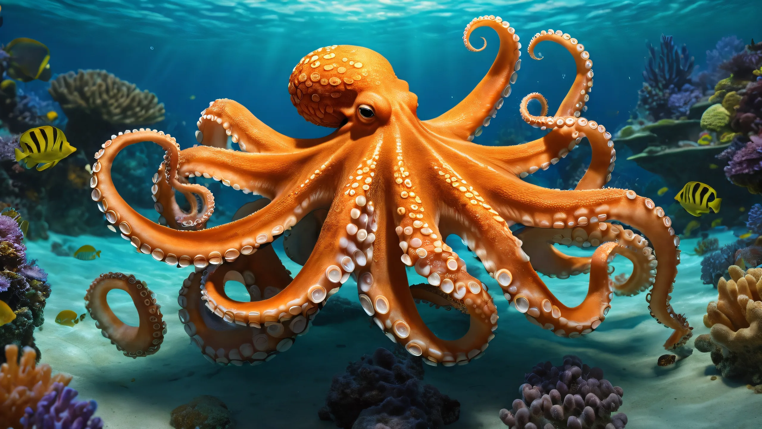 Octopus underwater scene for Desktop/PC with extreme depth of field and radiant colors.