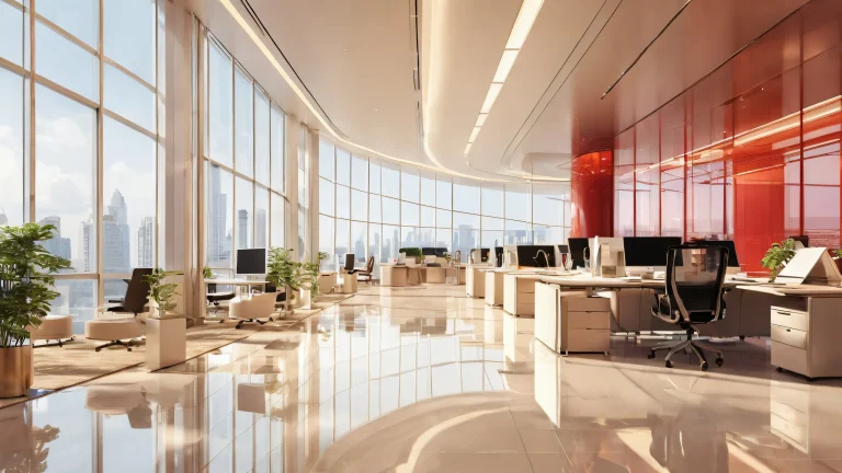 A serene office building scene for your desktop or PC, featuring radiant colors and depth of field.