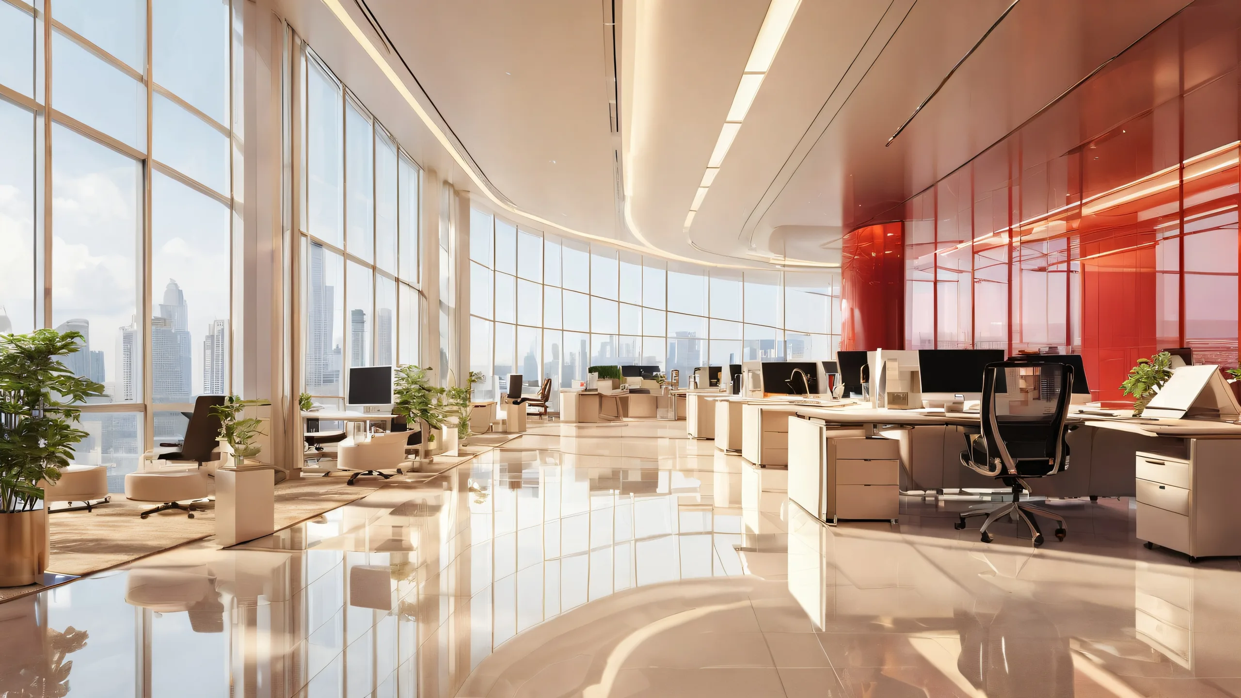 A serene office building scene for your desktop or PC, featuring radiant colors and depth of field.