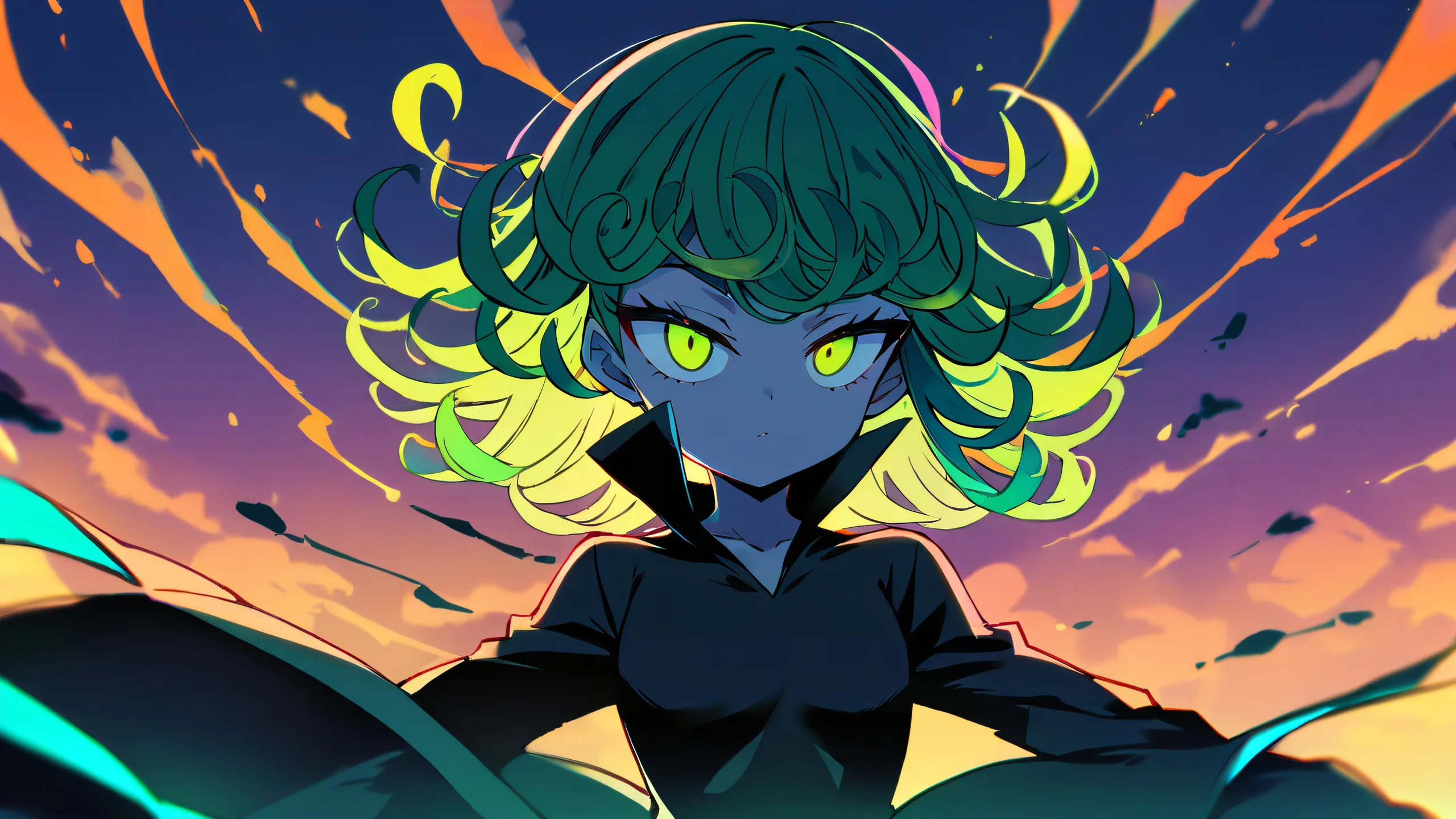 A girl gazes out at the viewer from a perfectly clean and vast pure void, with extreme depth of field on her person and a beautiful sky in the background.