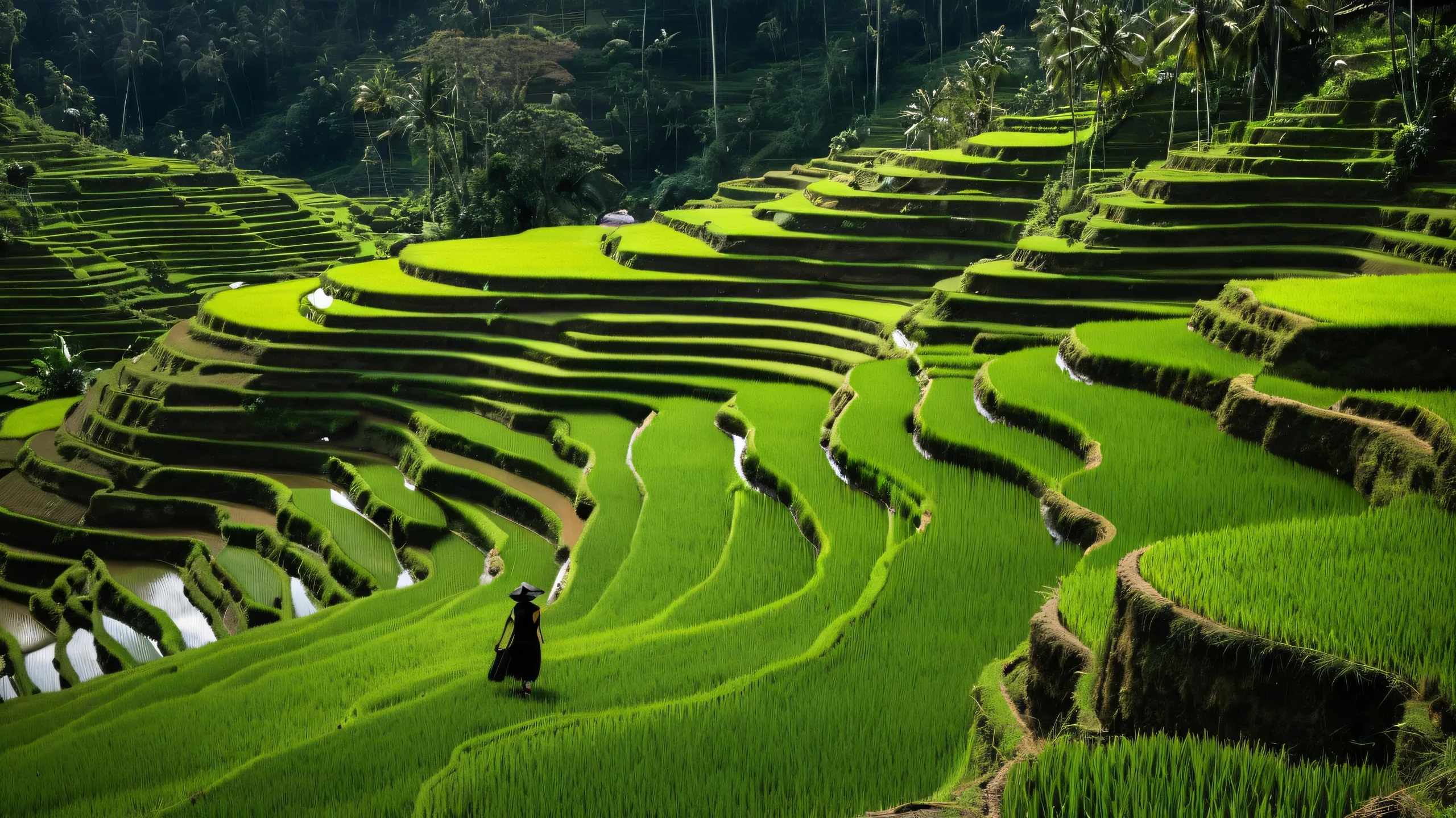 A serene desktop scene featuring a woman amidst lush Bali jungle and rice terraces, perfect for a PC or Desktop setup.