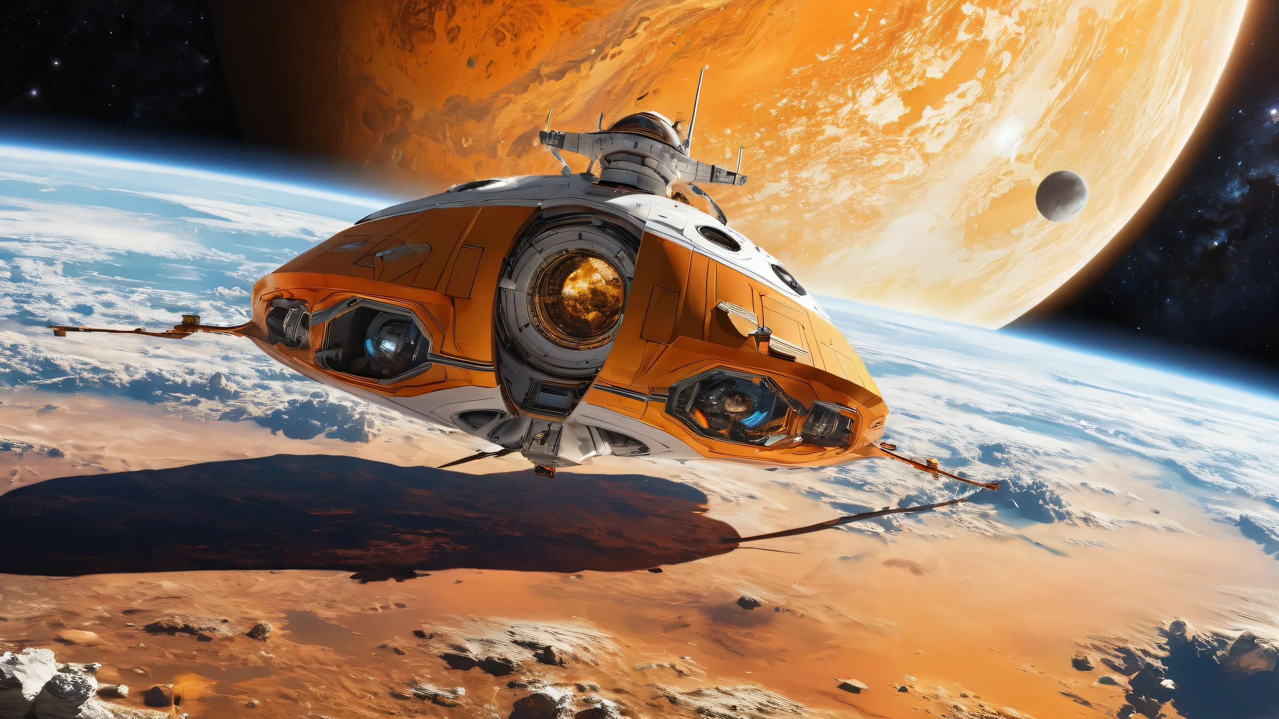 Epic Ethereal Odyssey in Orange Desktop WallpaperConvient pour ordinateur de bureau/PC A beautiful and serene desktop wallpaper featuring spacecraft floating in a perfectly clean vast pure void with extreme depth of field. Suitable for Desktop/PC.