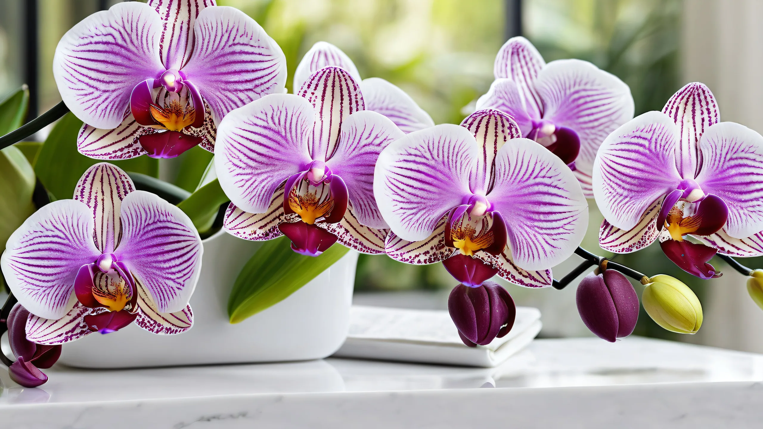 Orchids against a vast pure void on desktop/pc, emphasizing infinite space and visual focus.