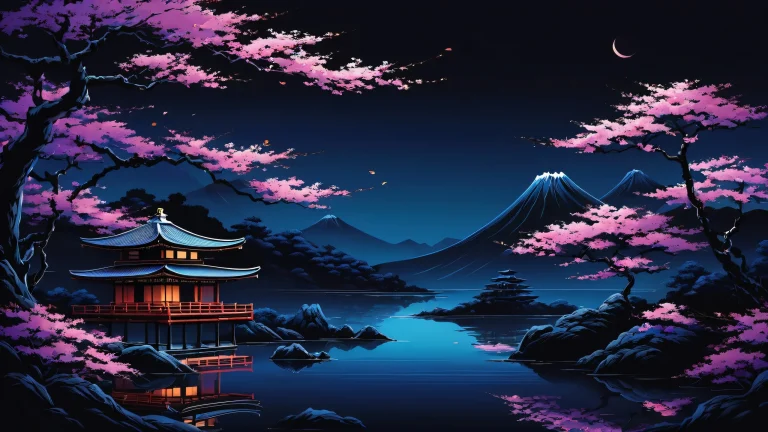 A breathtaking desktop wallpaper of a pure void with deep blues and purples reminiscent of traditional Japanese art, for your Desktop/PC.