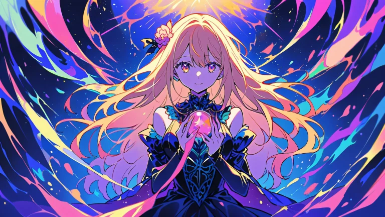 A beautifully illustrated anime desktop scene featuring AI Hoshino from Oshi no Ko, set against a stunning pure void backdrop with a hint of futuristic essence, suitable for Desktop/PC.