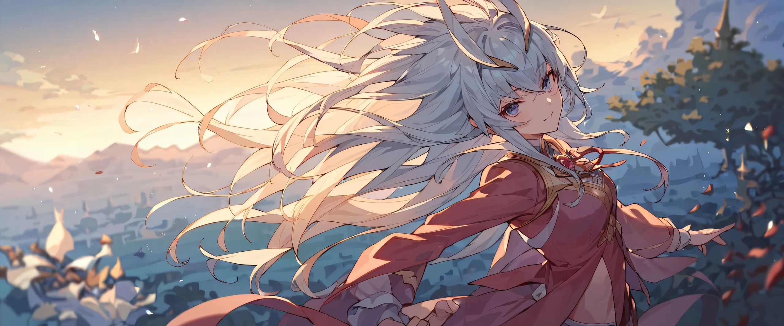 Anime girl standing in a vast, pure void with extreme depth of field, high angle side view. Perfectly clean and detailed.