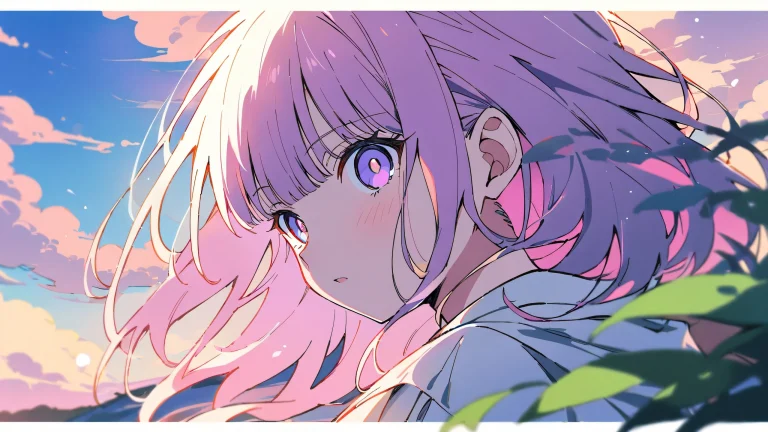 A young girl gazes into the distance from a vast, pure void on a desktop/PC background featuring pastel pink and soft peach hues.