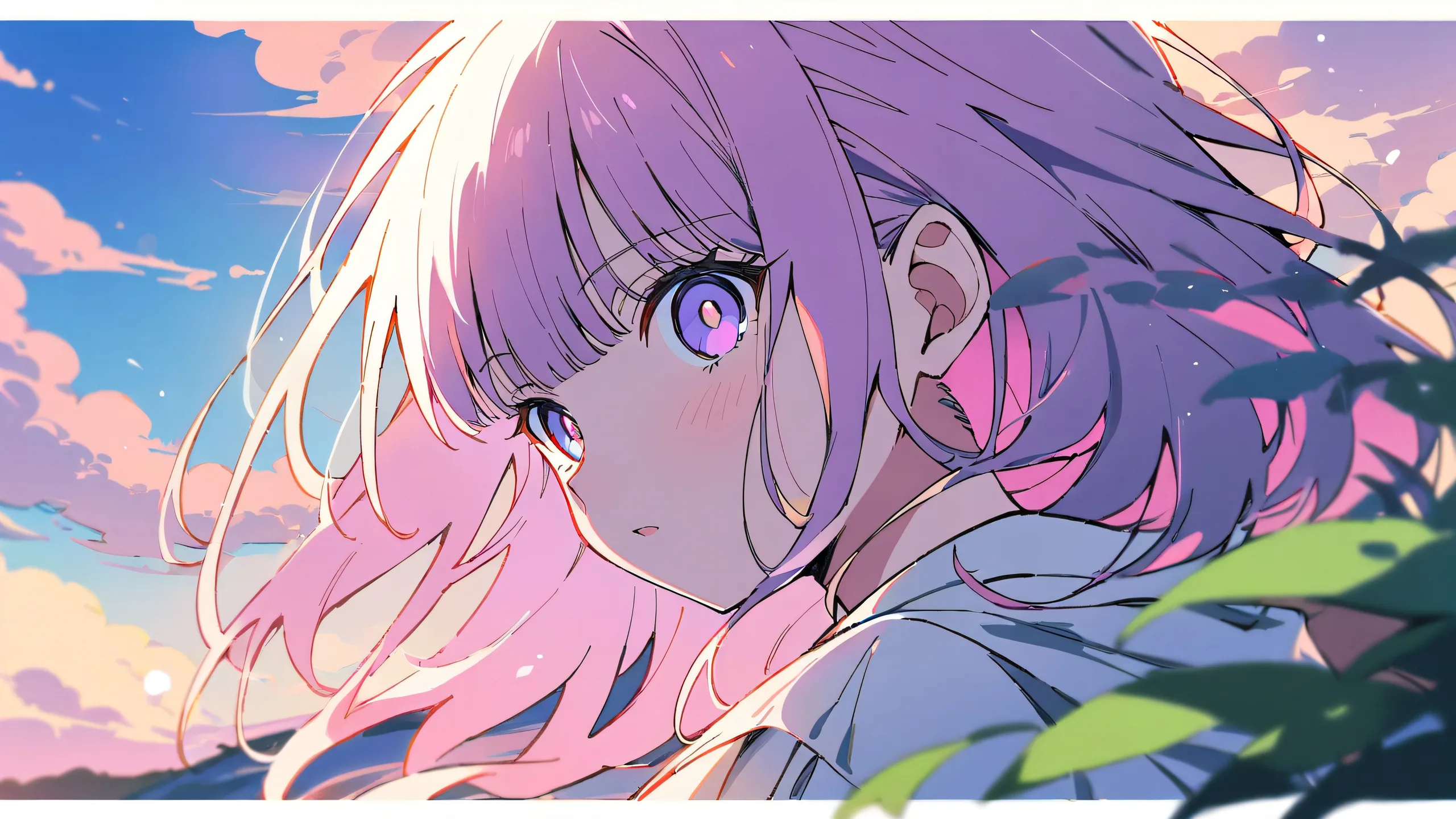 A young girl gazes into the distance from a vast, pure void on a desktop/PC background featuring pastel pink and soft peach hues.