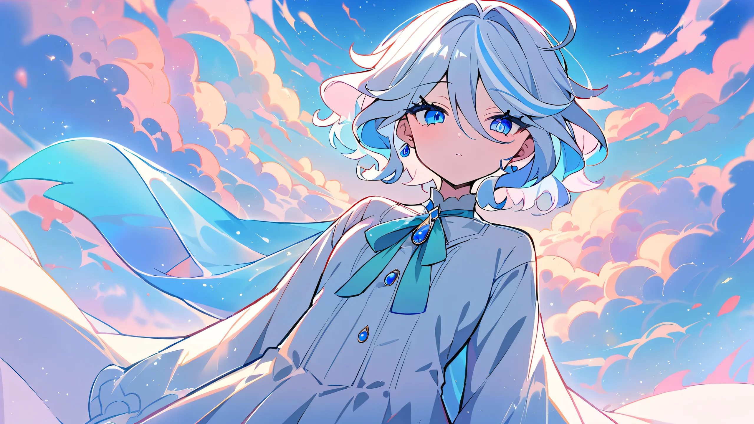 A beautifully detailed anime girl gazes directly at the viewer on a perfectly clean and vast pure void background, suitable for desktop use.