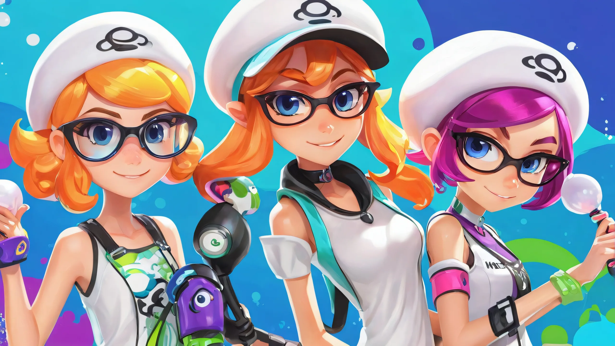 Desktop/PC wallpaper featuring Pearl and Marina from Splatoon against a vast pure void background with extreme depth of field, brilliant colors, and ray-traced reflections.