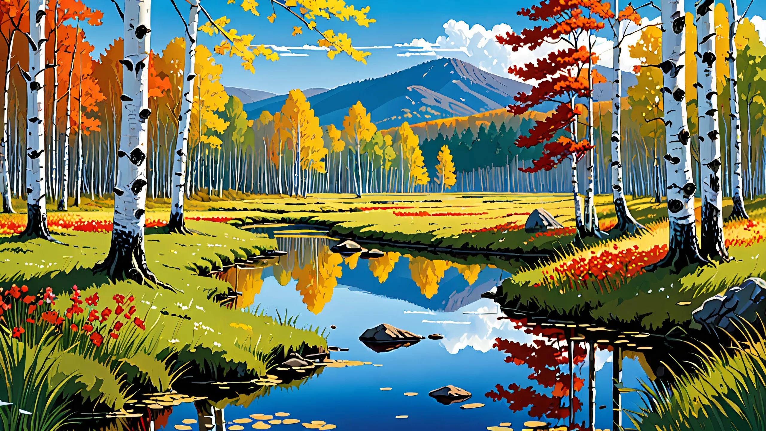 A serene desktop wallpaper of a peat bog with stunted birch growth and stone boundary markers on a clean vast pure void, perfect for Desktop/PC use.