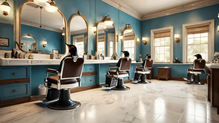 A surreal desktop wallpaper of a penguin barber shop scene against a vast, pure void background, ideal for your PC or Desktop.