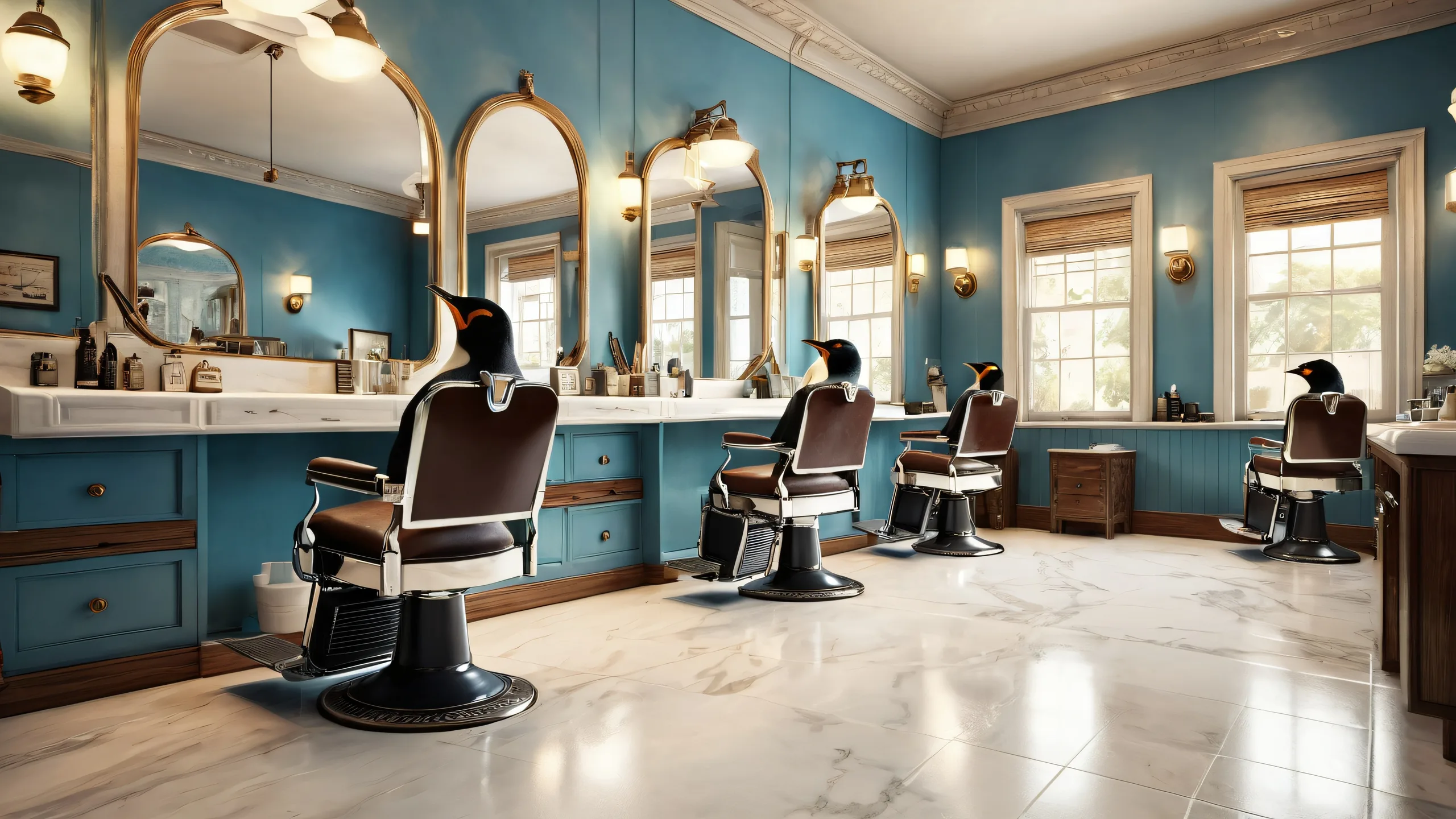 A surreal desktop wallpaper of a penguin barber shop scene against a vast, pure void background, ideal for your PC or Desktop.