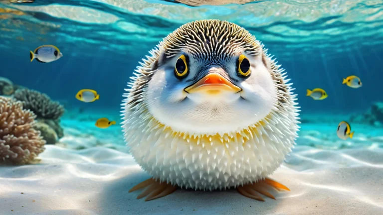 Desktop/PC wallpaper featuring a stunning penguin-cat-pufferfish hybrid creature in a vast, pure void with subtle hints of spring-like scenery and ethereal lighting.