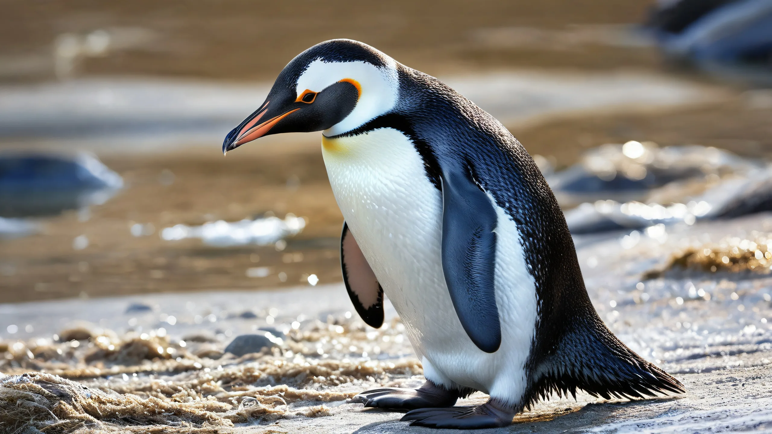 A perfectly clean and groomed penguin in a vast pure void, ideal for desktop/pc backgrounds.