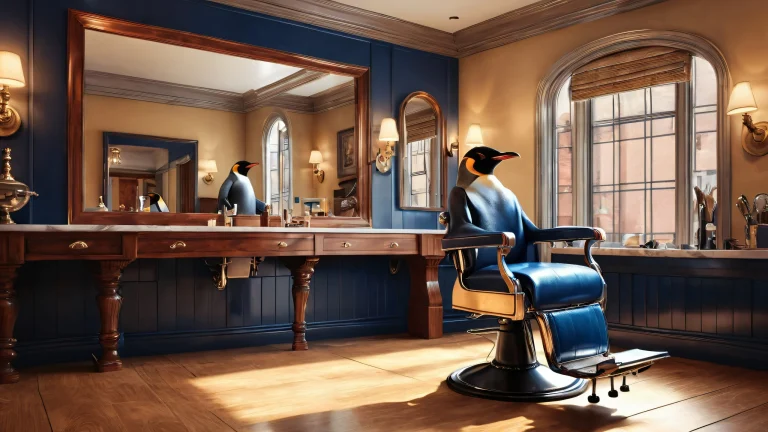 A penguin sitting in a barber chair in a vintage barbershop on a desktop or PC, with a vast pure void as the background.