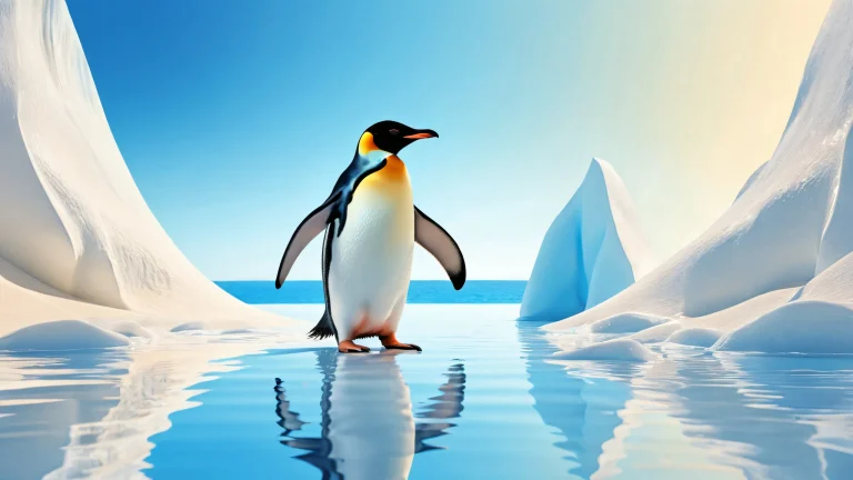 A breathtaking desktop wallpaper featuring a penguin in a vast pure void with radiant colors and reflections, ideal for a Desktop/PC.