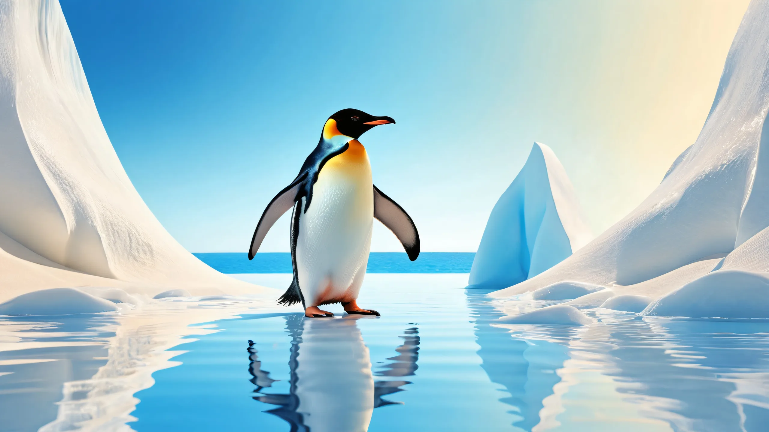 A breathtaking desktop wallpaper featuring a penguin in a vast pure void with radiant colors and reflections, ideal for a Desktop/PC.
