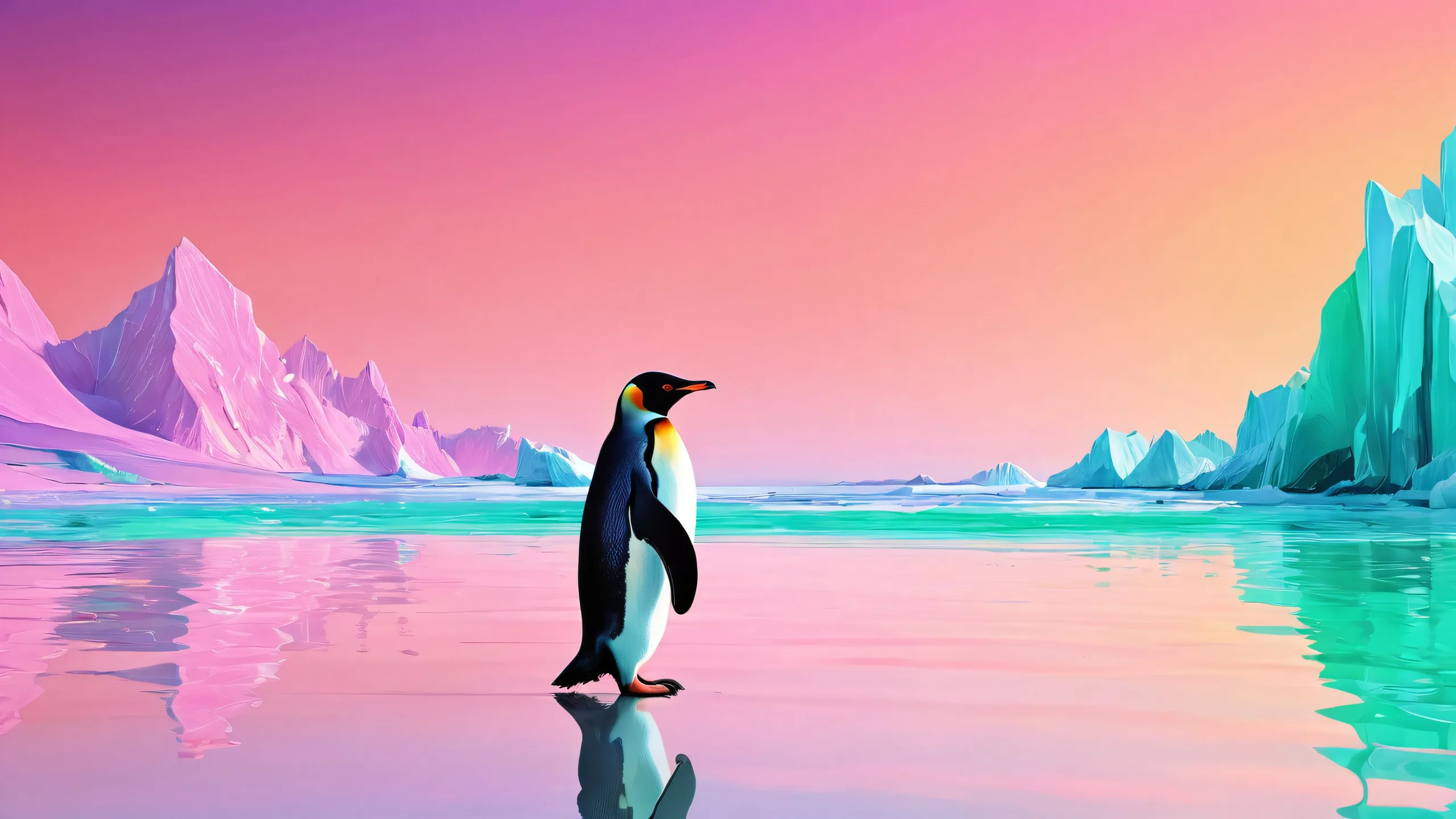 A majestic penguin stands alone on a vast, pure void desktop background, perfect for your PC or laptop. The image features stunning depth of field, award-winning digital art, and radiant colors.