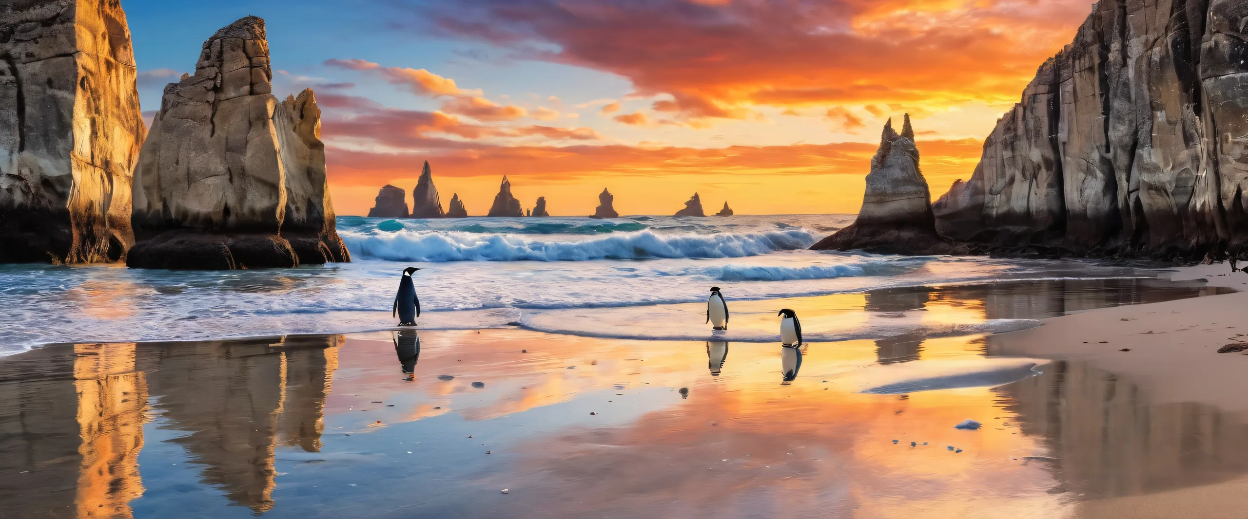 A serene desktop wallpaper featuring penguins and rock formations on the African coast for use on Desktop/PC.
