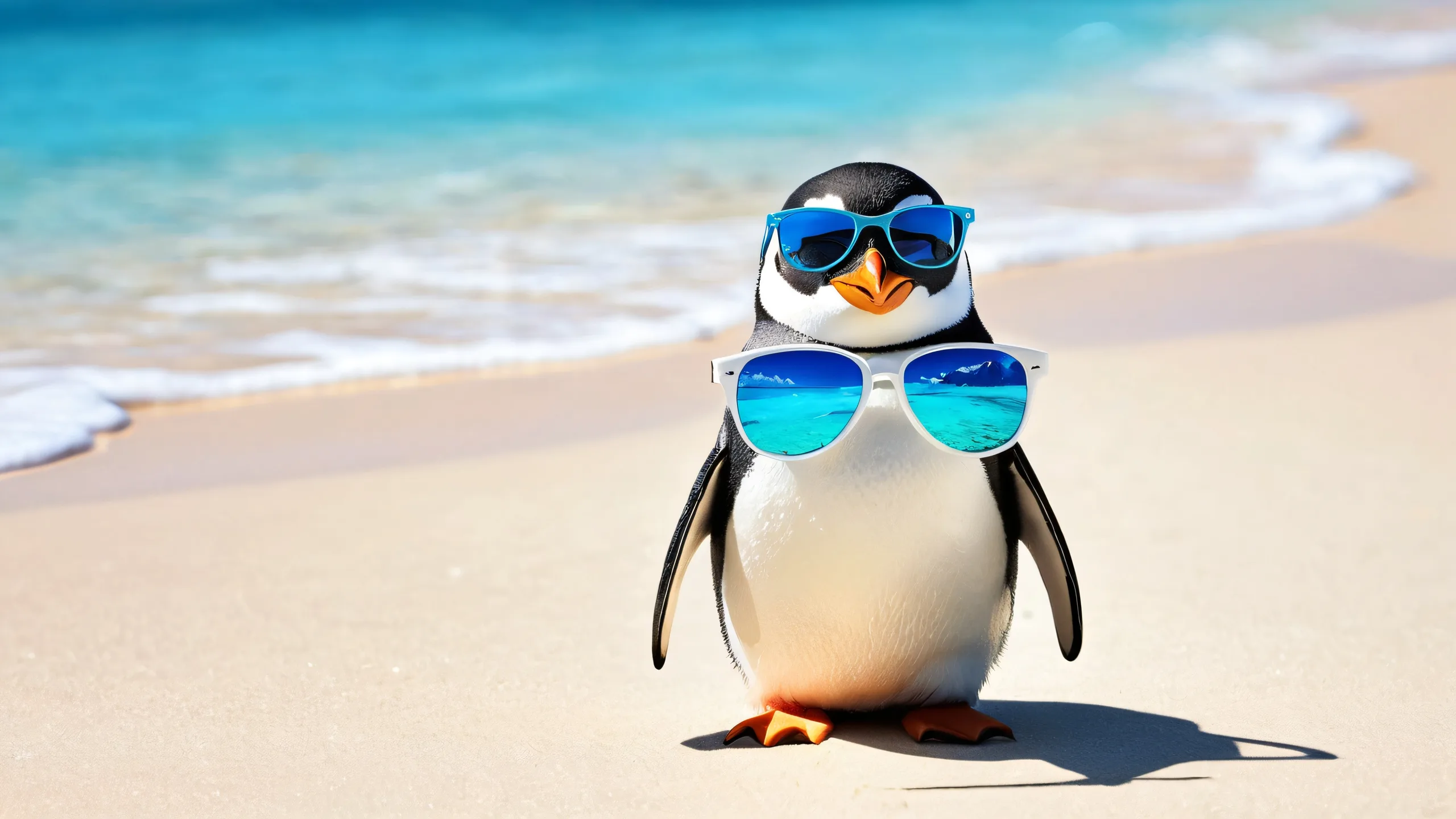 A Penguin wearing sunglasses and a Hawaiian shirt against a bright blue void background, perfect for desktop or PC.
