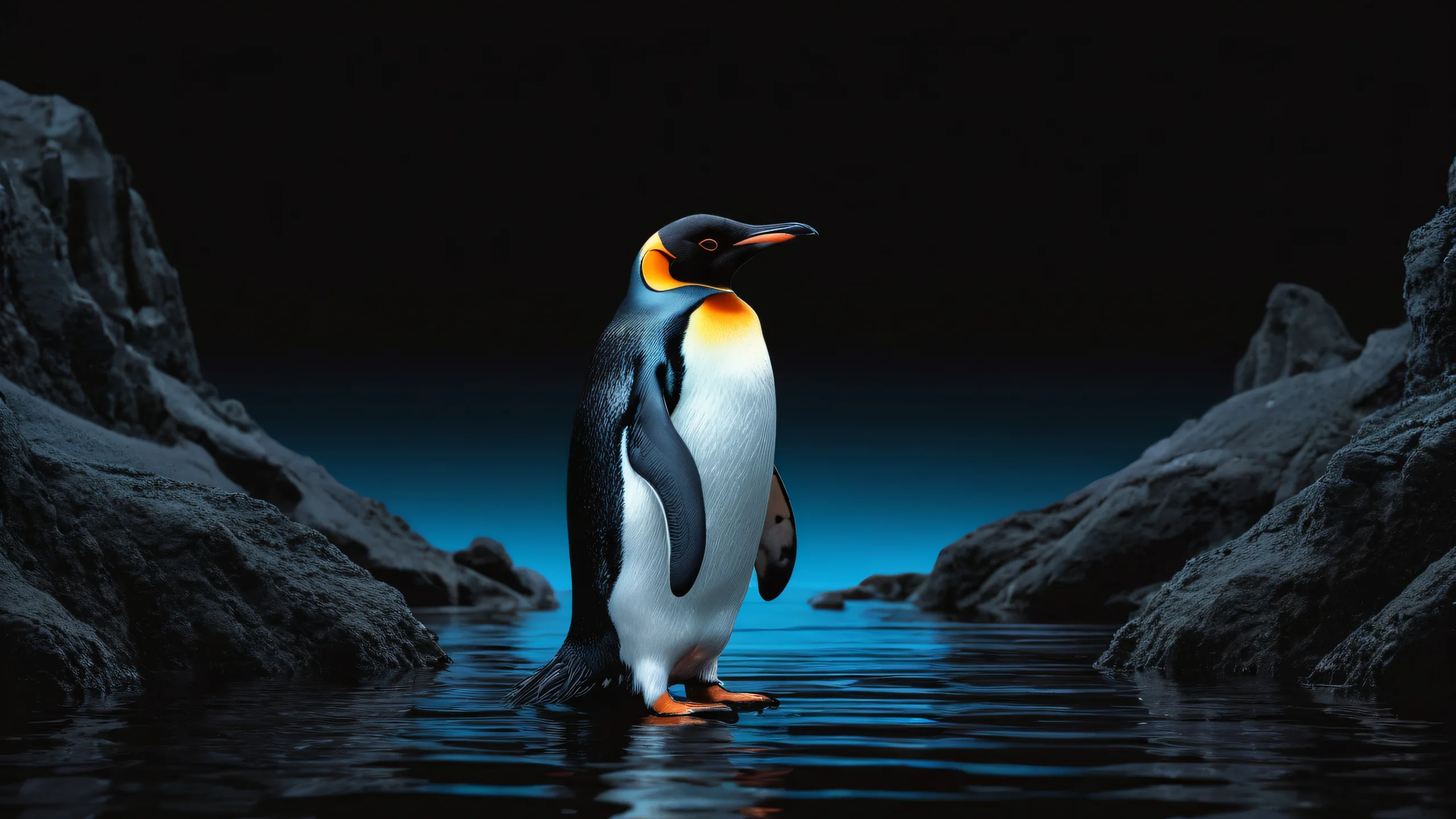 A surreal desktop wallpaper of a penguin standing in a vast pure void, perfect for your computer or PC.