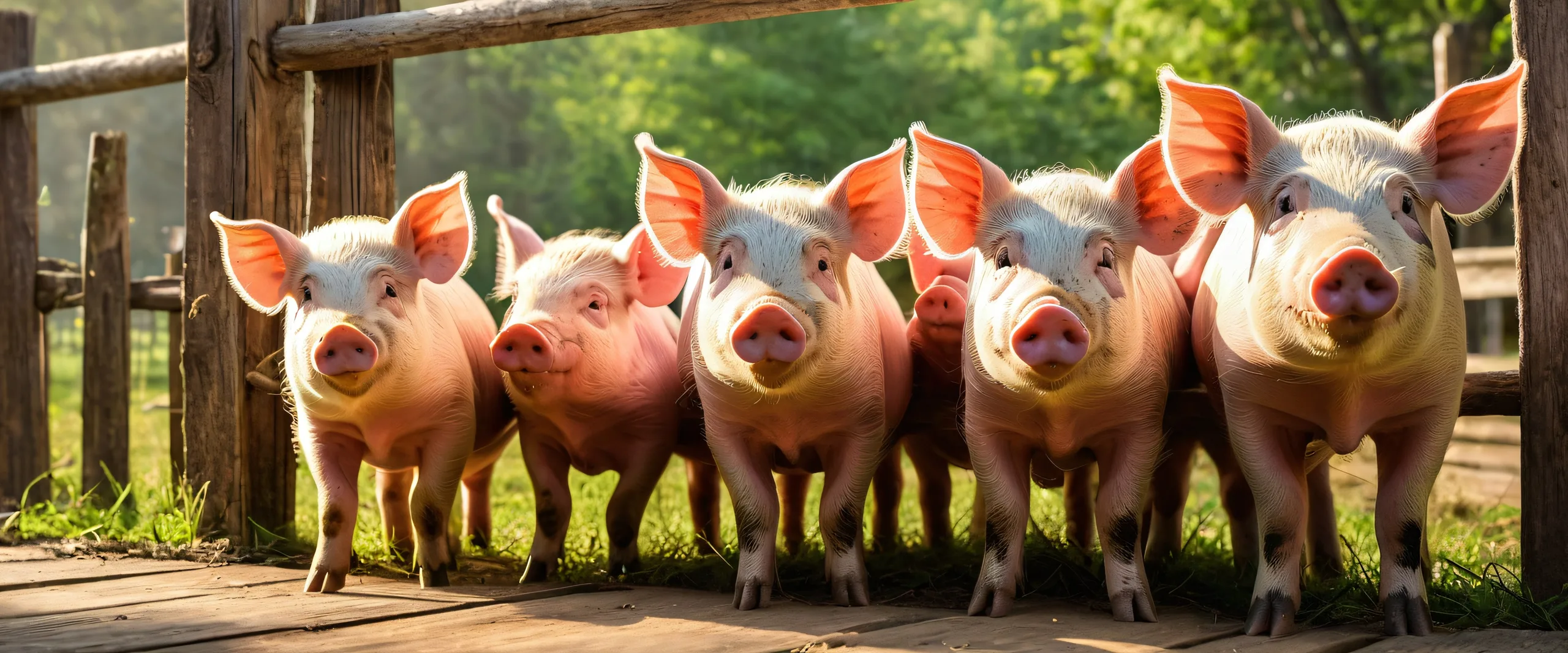 A peaceful desktop wallpaper featuring pigs on a rustic wooden wall and fence against a pure void background, suitable for Desktop/PC use.