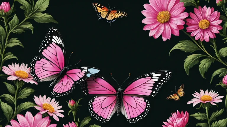 A stunning desktop wallpaper featuring a butterfly amidst pink flowers and wildflowers against a deep, pure void. Perfect for PC or Desktop.