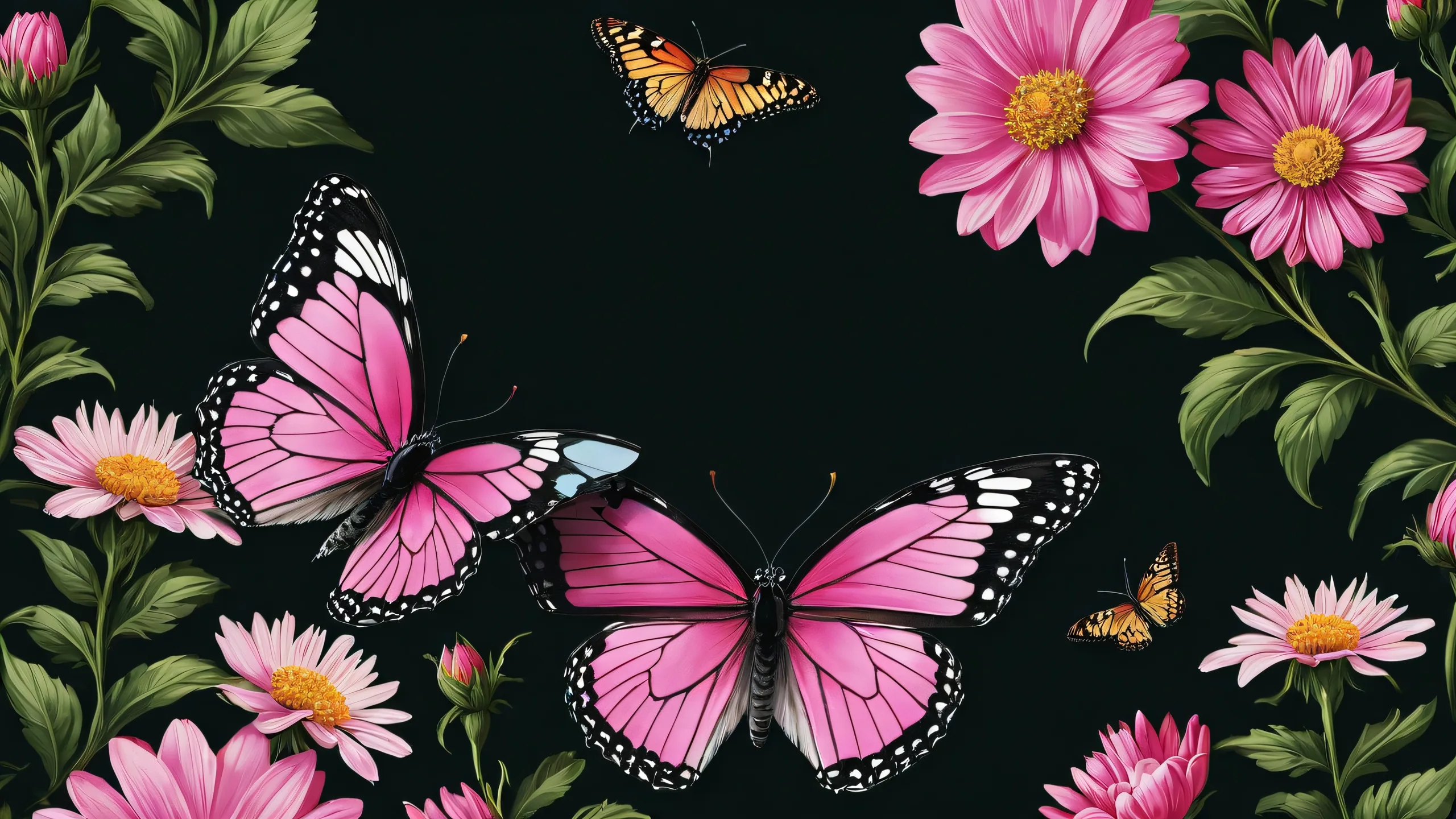 A stunning desktop wallpaper featuring a butterfly amidst pink flowers and wildflowers against a deep, pure void. Perfect for PC or Desktop.