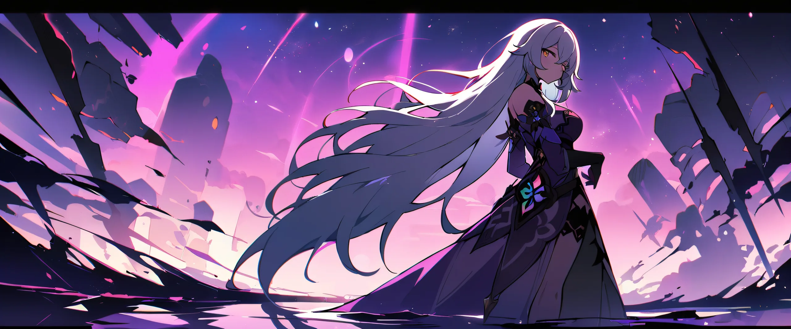 A solo black swan from Honkai: Star Rail gazes directly at the viewer on a perfectly clean and vast pure void, surrounded by glowing lights and dramatic shadows.