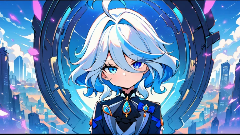 A girl gazing at the viewer on a perfectly clean vast pure void background, with a subtle hint of futuristic cityscape in the distance. デスクトップ/PCに最適.