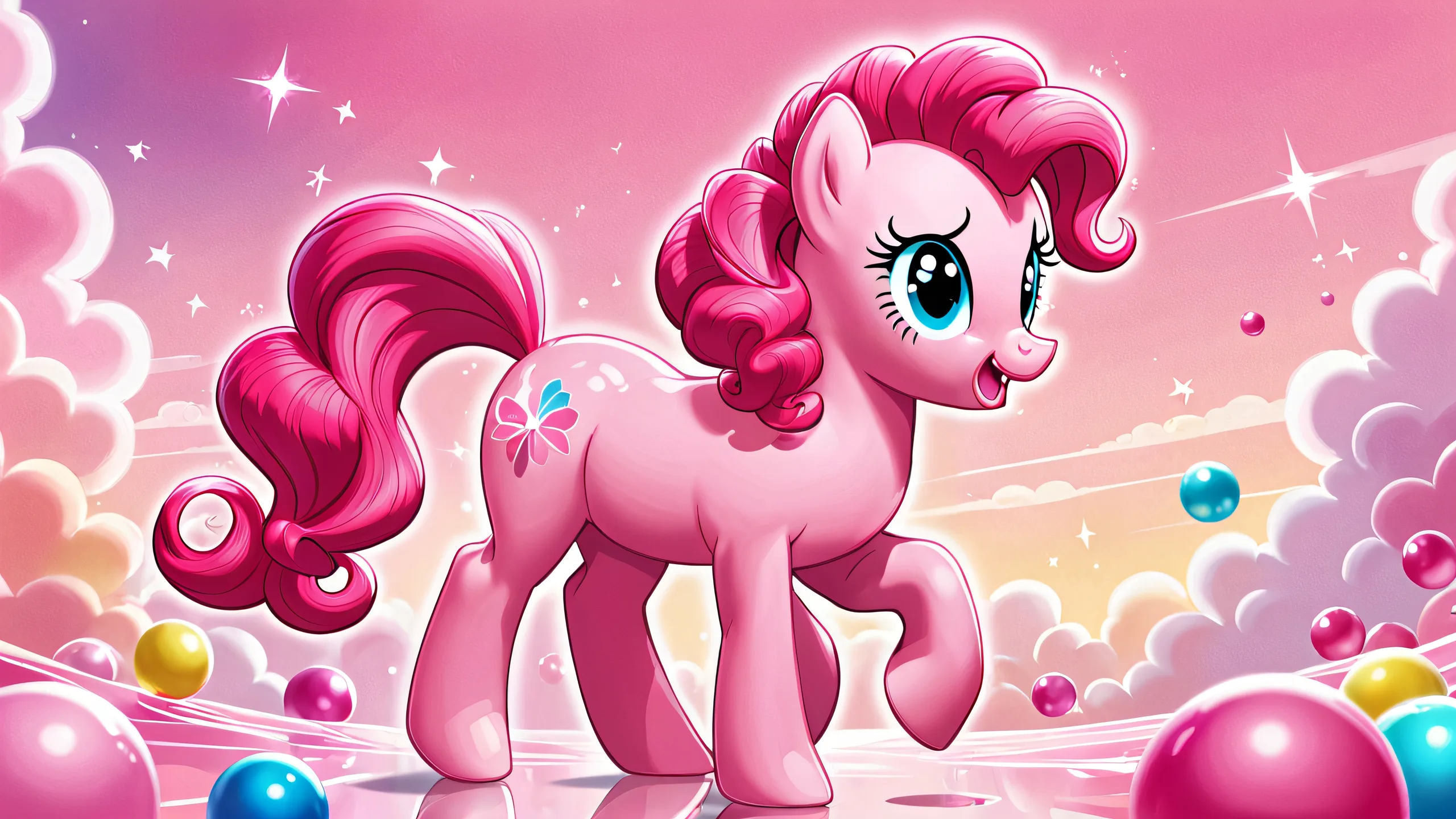 Beautiful abstract desktop wallpaper of Pinkie Pie set against a vast pure void with ethereal lighting and radiant colors, perfect for any PC or Desktop.