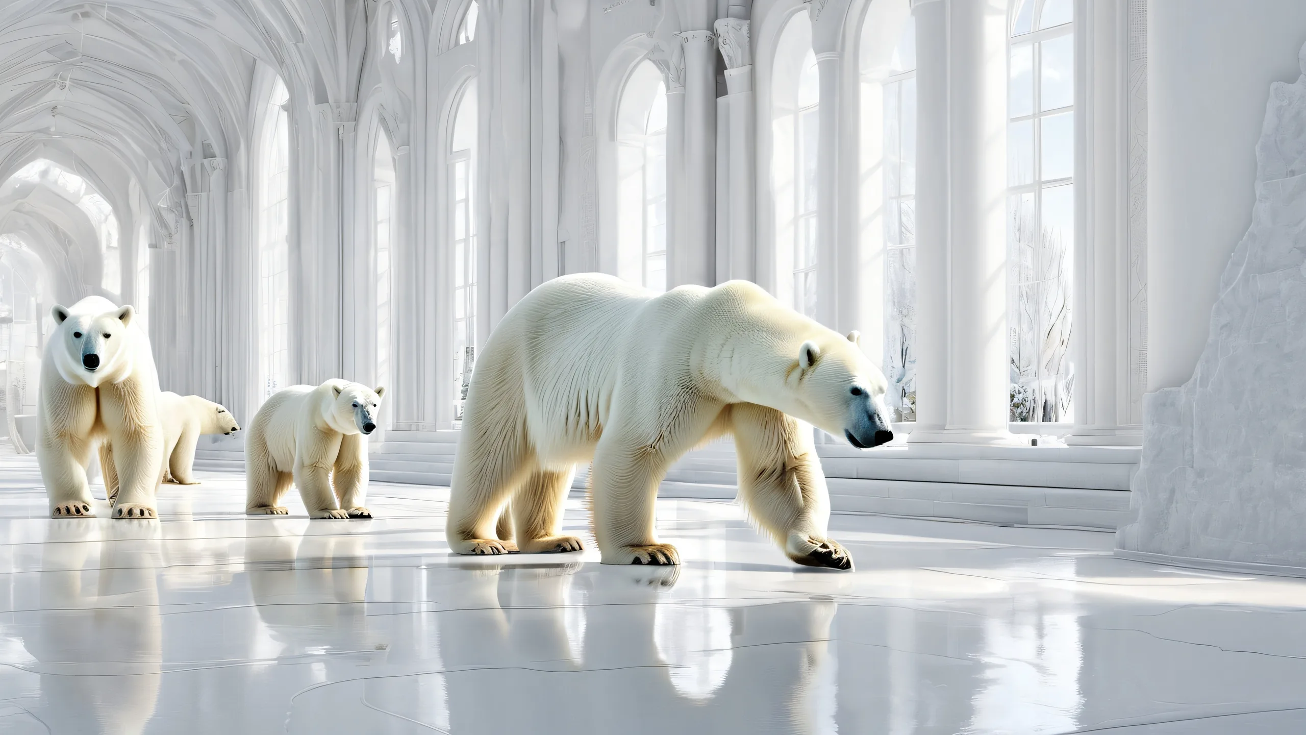 Desktop/PC wallpaper featuring polar bears in a vast, pure void with ethereal lighting and radiant colors.