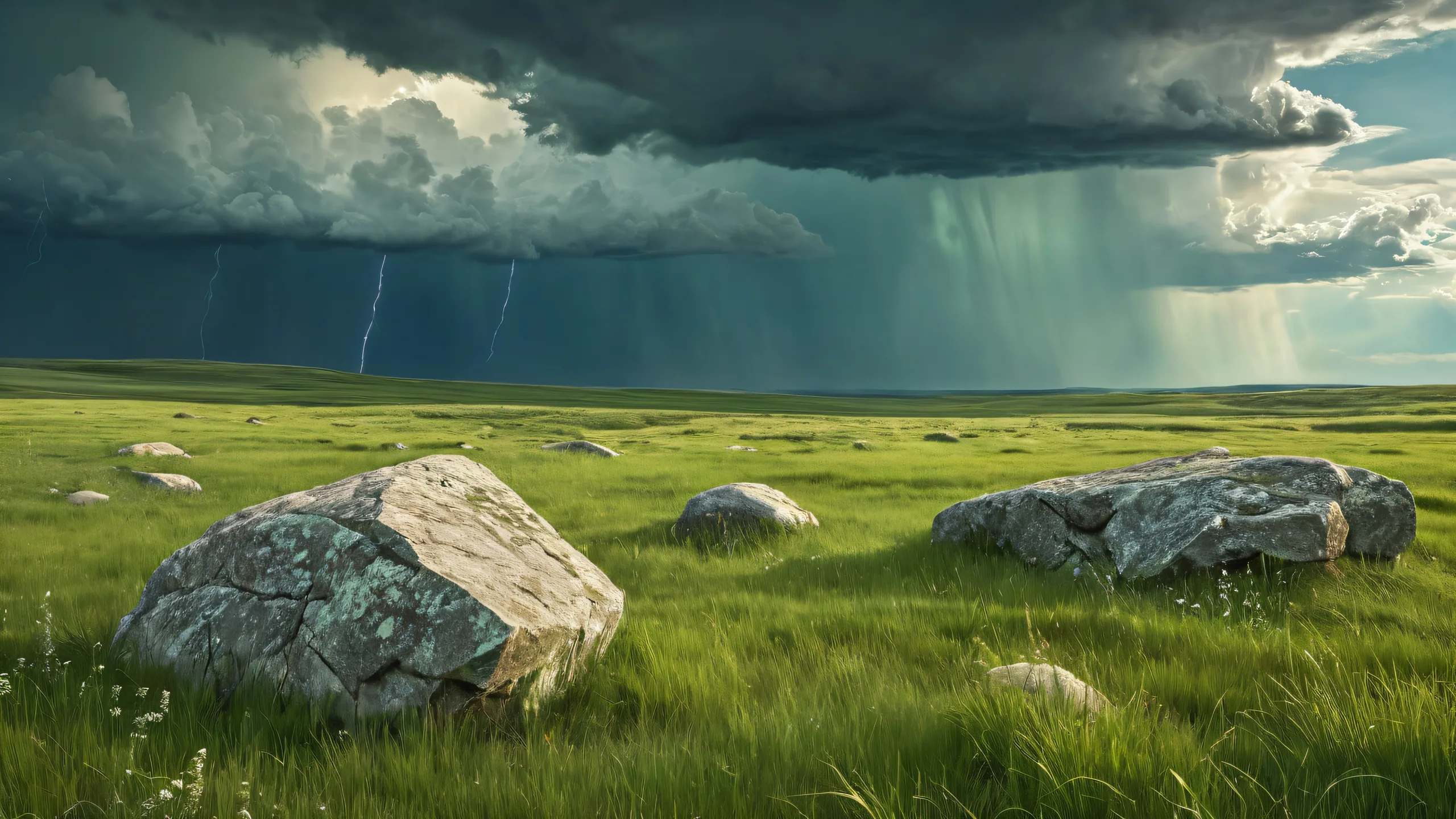 A serene desktop wallpaper featuring a stone in the foreground set against the backdrop of a rainstorm on a vast prairie, perfect for a Desktop/PC.