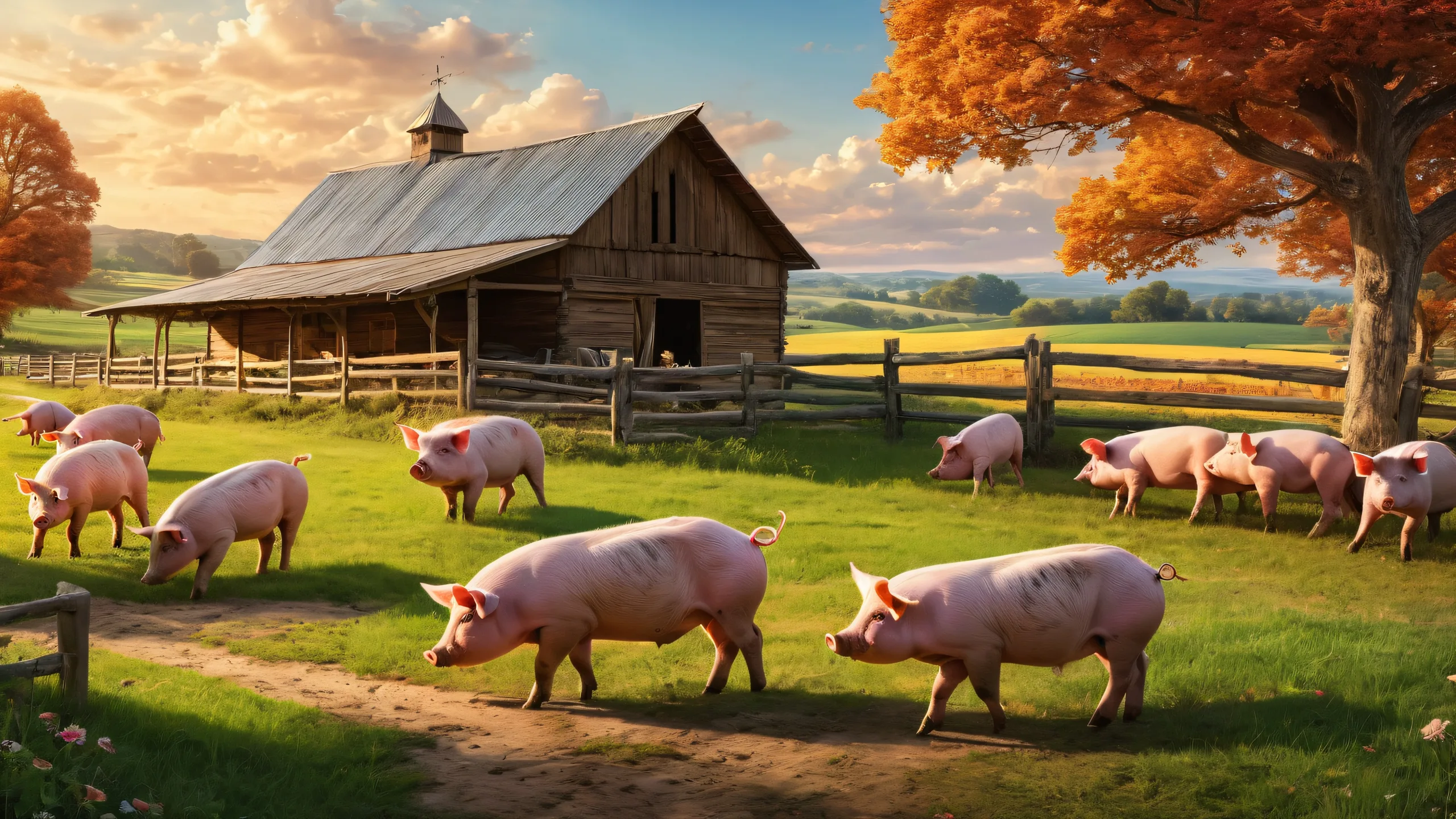 A serene farm setting with pigs and a wooden wall on a clean and pure void background suitable for desktop/pc screens.