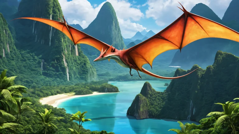 Breathtaking desktop wallpaper featuring a pteranodon in an ancient jungle landscape with a distant volcano, デスクトップ/PCに適しています