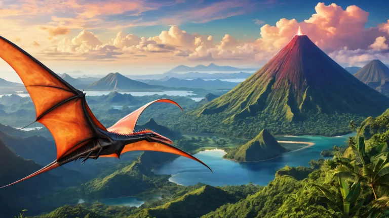 A majestic pteranodon head floats in a vast, pure void against the backdrop of a distant volcano and prehistoric jungle on a desktop/pc.