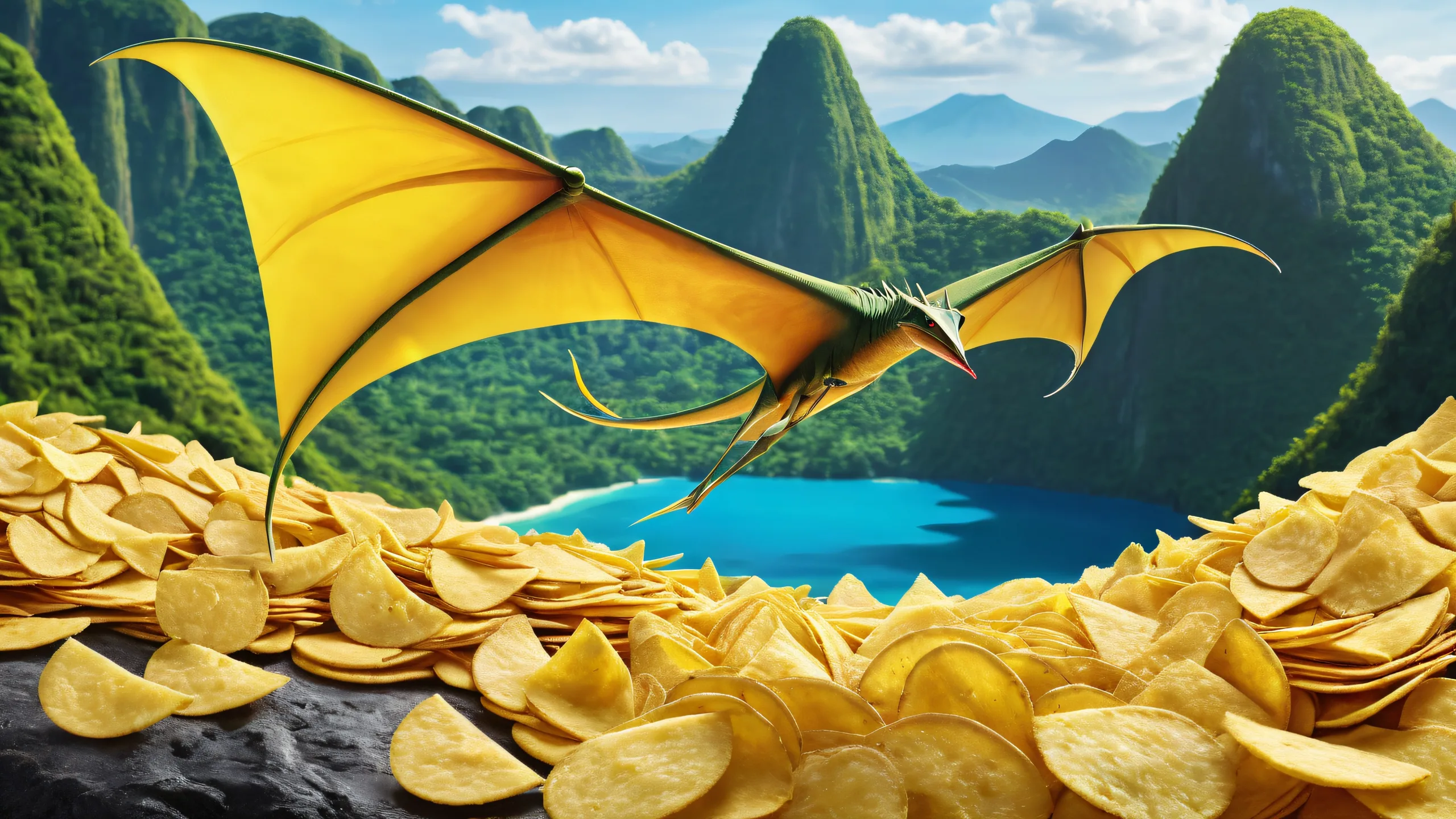 A prehistoric Pteranodon soaring above a vast pure void, surrounded by a lush jungle and volcano in the background. Desktop/PC wallpaper for those who crave adventure.