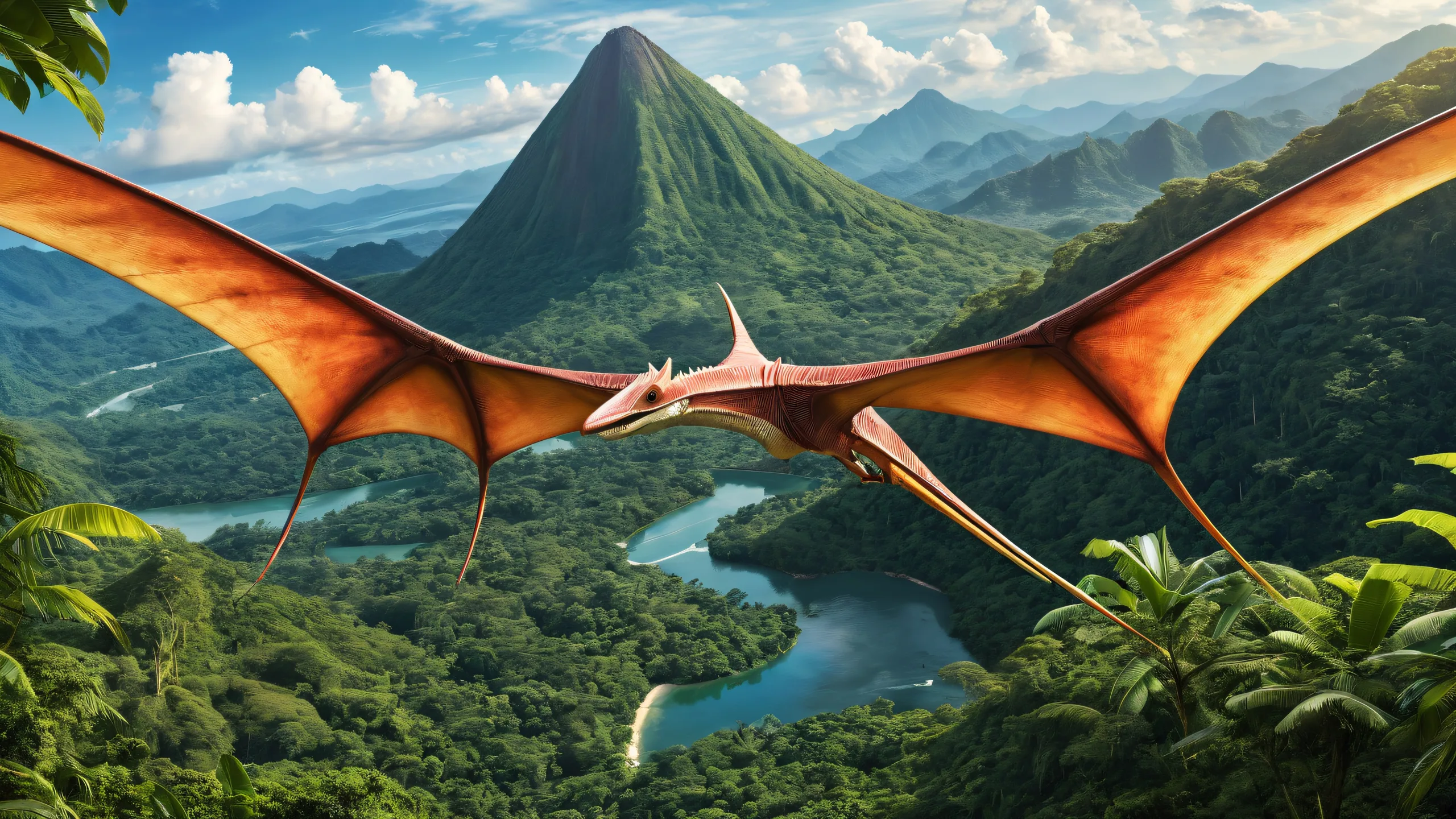 Close-up of a pteranodon's head on a pristine desktop or PC, with a prehistoric jungle and volcano in the background.