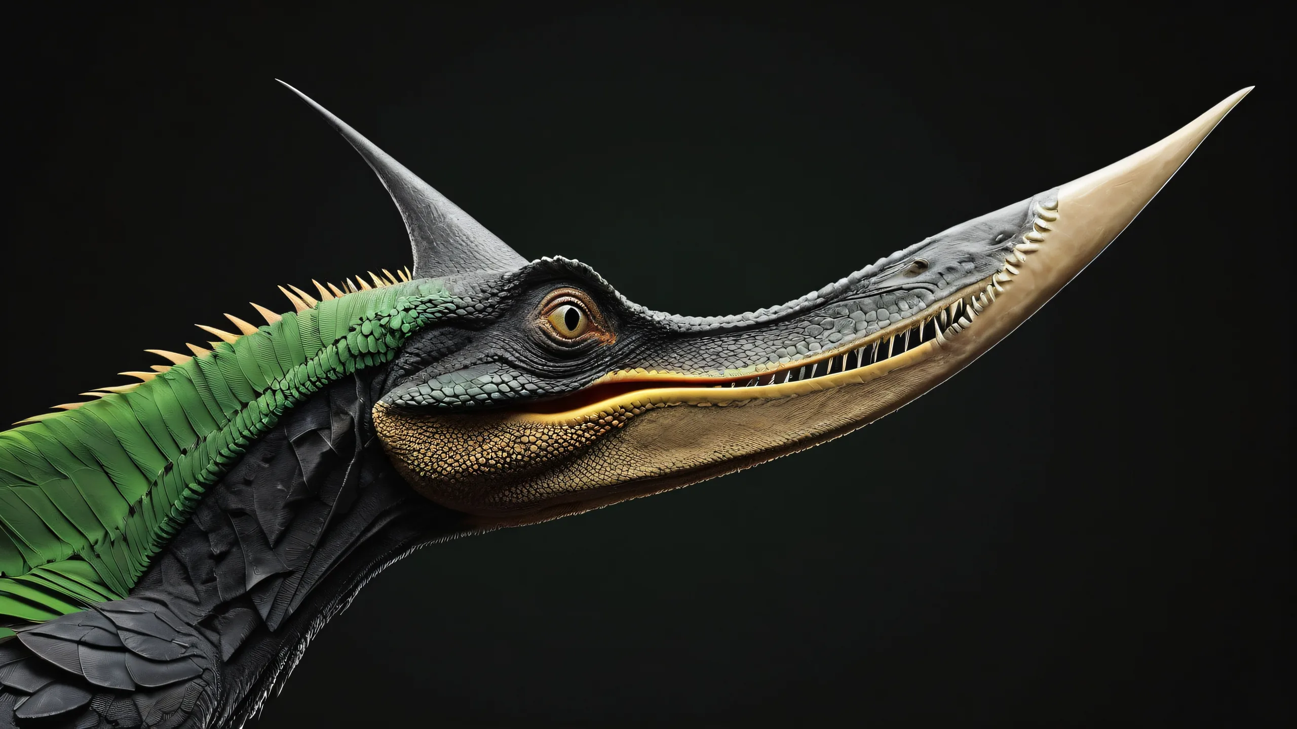 A stunning desktop wallpaper of a Pteranodon head close-up set in a vast, pristine void amidst prehistoric jungles with a distant volcano on a Desktop/PC.